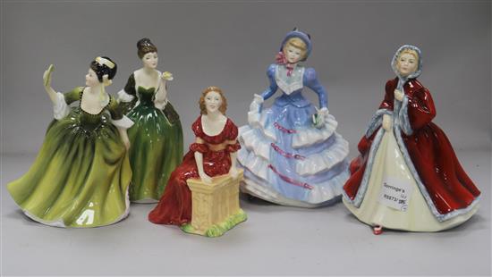 Five Royal Doulton figurines: Judith HN2313, Rachel HN2936, Fleur HN2368, Simone HN2378 and Hannah HN3655